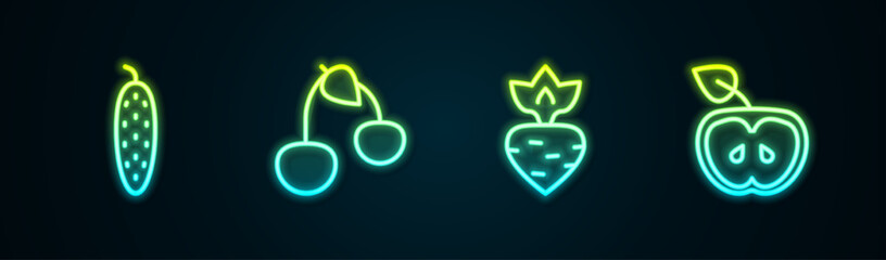 Poster - Set line Cucumber, Cherry, Turnip and Apple. Glowing neon icon. Vector