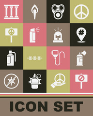 Poster - Set Protest, Paint spray can, Gas mask, Pepper, Peace, Prison window and Flasher siren icon. Vector