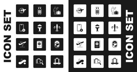 Sticker - Set Tourist with suitcase, Airport control tower, No cell phone, Globe flying plane, Plane, Suitcase, Airplane window and takeoff icon. Vector