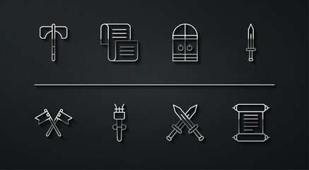 Sticker - Set line Medieval axe, Crossed medieval flag, sword, Torch flame, Decree, parchment, scroll, and castle gate icon. Vector