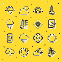 Poster - Set line Meteorology thermometer, Sun, Weather forecast, Sunrise, Cloud with rain, Sunset and Snowflake icon. Vector