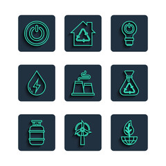 Wall Mural - Set line Propane gas tank, Wind turbine, Earth globe and leaf, Light bulb with lightning, Factory, Water energy, Power button and Garbage bag recycle icon. Vector