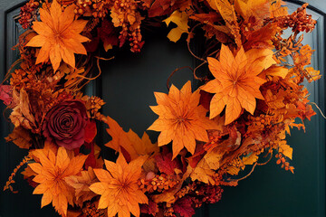 Wall Mural - Autumn wreath with orange leaves, digital image