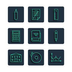 Sticker - Set line School building, Ringing alarm bell, Graph, schedule, chart, diagram, Ruler, Book, Calculator, Marker pen and Pencil with eraser icon. Vector