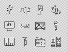 Set Line Music Synthesizer, Stereo Speaker, Trumpet, Microphone, Home Stereo With Two Speakers, Radio And Icon. Vector