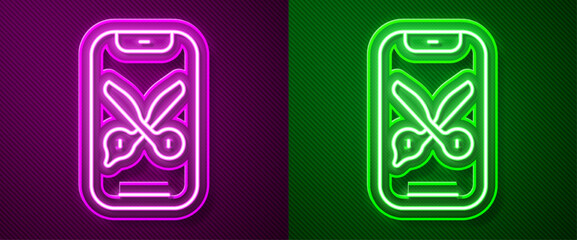 Glowing neon line Barber online service or platform icon isolated on purple and green background. Idea of hair and beard care. Online appointment. Vector