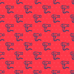 Wall Mural - Blue line Hair dryer icon isolated seamless pattern on red background. Hairdryer sign. Hair drying symbol. Blowing hot air. Vector