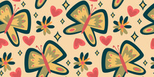 Retro Butterfly Groovy Seamless Pattern. Boho Vector Background. Hippie Psychedelic Seamless Pattern. Retro Groovy Background. Design With Daisy Flower And Heart