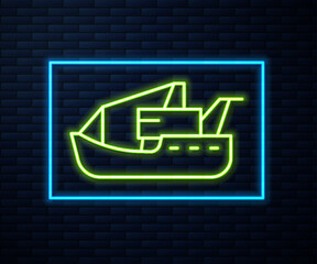 Poster - Glowing neon line Viking head icon isolated on brick wall background. Vector