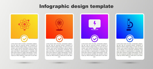 Sticker - Set Atom, Lightning bolt and Microscope. Business infographic template. Vector