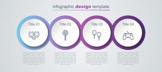 Sticker - Set line Comedy and tragedy masks, Lollipop, Balloons and Gamepad. Business infographic template. Vector