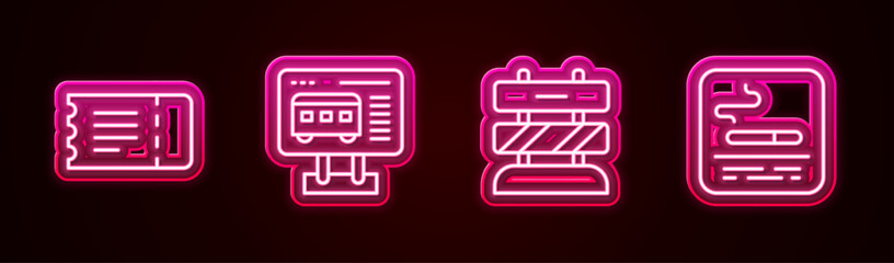 Sticker - Set line Train ticket, Ticket office to buy tickets, End railway tracks and Smoking area. Glowing neon icon. Vector