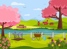 Rural Garden Landscape. Scene With Garden Tools, Fence, Flowers And Trees, Houses And Windmill. Vector Drawing. Illustrations For Banners, Backgrounds, Web Pages And Websites, Social Networks And