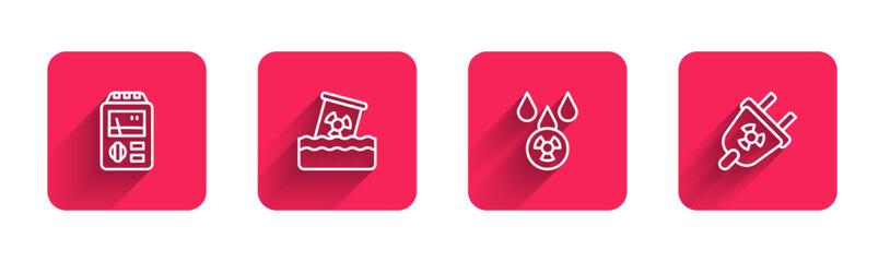 Sticker - Set line Dosimeter, Radioactive waste in barrel, Acid rain and radioactive cloud and Radiation electrical plug with long shadow. Red square button. Vector