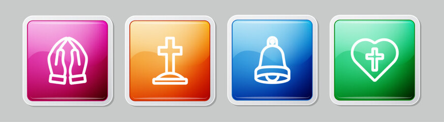 Set line Hands in praying position, Grave with cross, Church bell and Christian heart. Colorful square button. Vector