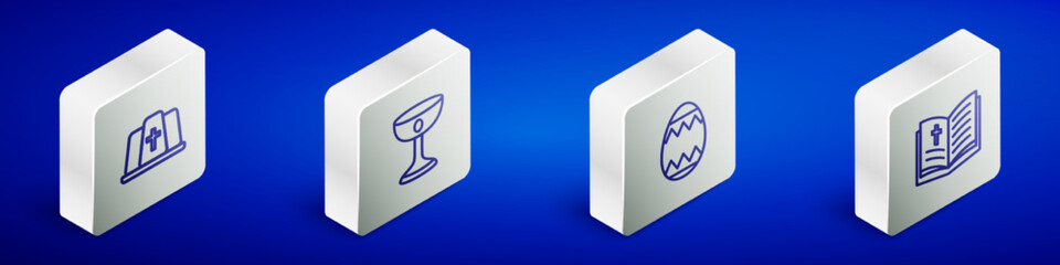 Sticker - Set Isometric line Pope hat, Christian chalice, Easter egg and Holy bible book icon. Vector