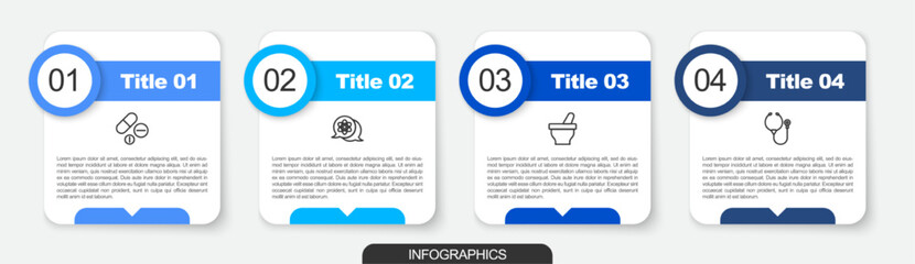 Poster - Set line Medicine pill or tablet, Atom, Mortar and pestle and Stethoscope. Business infographic template. Vector