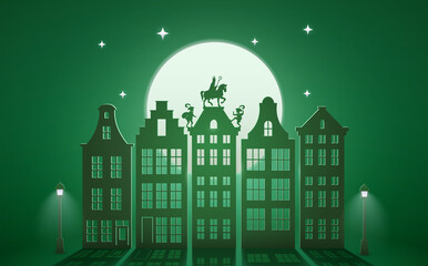 Wall Mural - Celebration Dutch holidays - Saint Nicholas or Sinterklaas is coming to town at night - paper art graphic