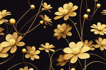 Decorative background with metallic flowers made of filigree gold wire on black. 3D illustration.