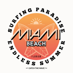 Wall Mural - Miami beach surfing theme logo in retro style. Vector illustration.