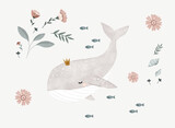 Fototapeta Fototapety na ścianę do pokoju dziecięcego - flowers with whale illustration photo