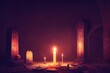 The interior of the crypt in the dark with candlelight and graves. Digital artwork