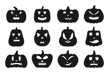 Halloween Emoji Pumpkin Scary Spooky Face Black Flat Icon Set. Jack O Lantern Pictogram Collection Includes Characters Emotions. Simple Jack O Lantern Cartoon Symbol Isolated On White Background