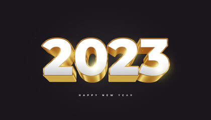 Wall Mural - Happy New Year 2023 with White and Gold 3D Numbers Isolated on Black Background. New Year Design for Banner, Poster and Greeting Card