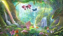 Children Playing In A Beautiful Enchanted Magic Forest With Big Fairytale Trees With Big Roots, Great Vegetation, Flowing Waterfalls, Butterflies And Flowers, Rays Of Light, Storybook Illustration