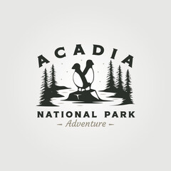 Poster - acadia national park vintage logo vector symbol illustration design, puffin on the stone symbol