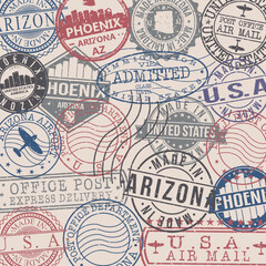 Phoenix, AZ, USA Set of Stamps. Travel Stamp. Made In Product. Design Seals Old Style Insignia.