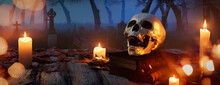 Eerie Banner With Skull And Candles. Halloween Churchyard Tabletop.