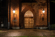 Copenhagen, Denmark  The Facade Of The Hellig Kors Kirke, Or Holy Cross Church At Night.