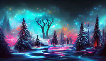 Fantasy magical winter landscape with frozen river and trees digital painting illustration