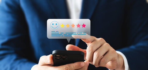 Service quality survey leading to business reputation ratings, smiley pop-up icons and five stars. Product and Service Satisfaction Survey, Customer Satisfaction Score.