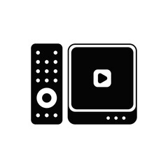 Sticker - Tv box icon in black flat glyph, filled style isolated on white background