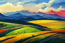 Watercolor Landscape Painting Colorful Of Mountain Range With Farm Cornfield In Panorama View And Emotion Rural Society, Nature Beauty Sky Background. Hand Painted Abstract Illustration In Asia.