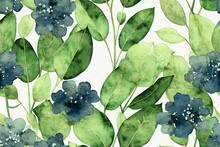 Watercolor Seamless Pattern With Green Eucalyptus Leaves And Dry Hydrangea Flowers. Vintage Print On The Theme Of Autumn. For Fabric, Wallpaper, Wrapping. Green And Blue Eucalyptus Leaves On White