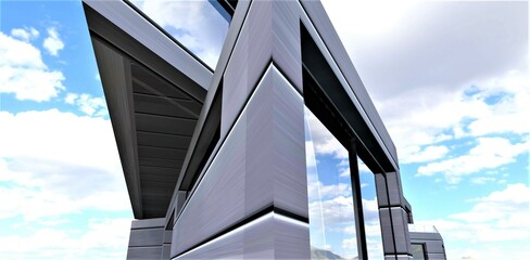 Wall Mural - Abstract architecture. A look from below at a futuristic custom-shaped house. Large panoramic energy-saving windows. Innovative composite wall cladding material. 3d render.