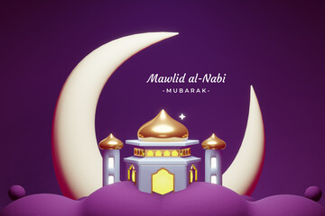 Wall Mural - Islamic Mawlid al-Nabi al-Sharif greeting with a cute gold and white mosque in night illustration