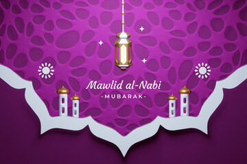 Canvas Print - Mawlid al-Nabi greeting card with Islamic floral pattern design and beautiful 3d gold lantern