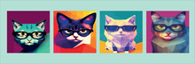 Set Of Square Posters. Hand Drawn Portrait Of A Cat In A Geometric Polygon With Sunglasses. Vector Isolated Elements. Cat With Glasses. Print Design, Kids T-shirt Print