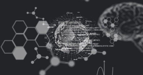 image of globe rotating over scientific data on black background