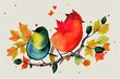 Robin birds sitting on maple branch with beautiful colorful leaves and symbol heart, watercolor romantic illustration isolated on white background for your design, autumn wedding, invitation card.