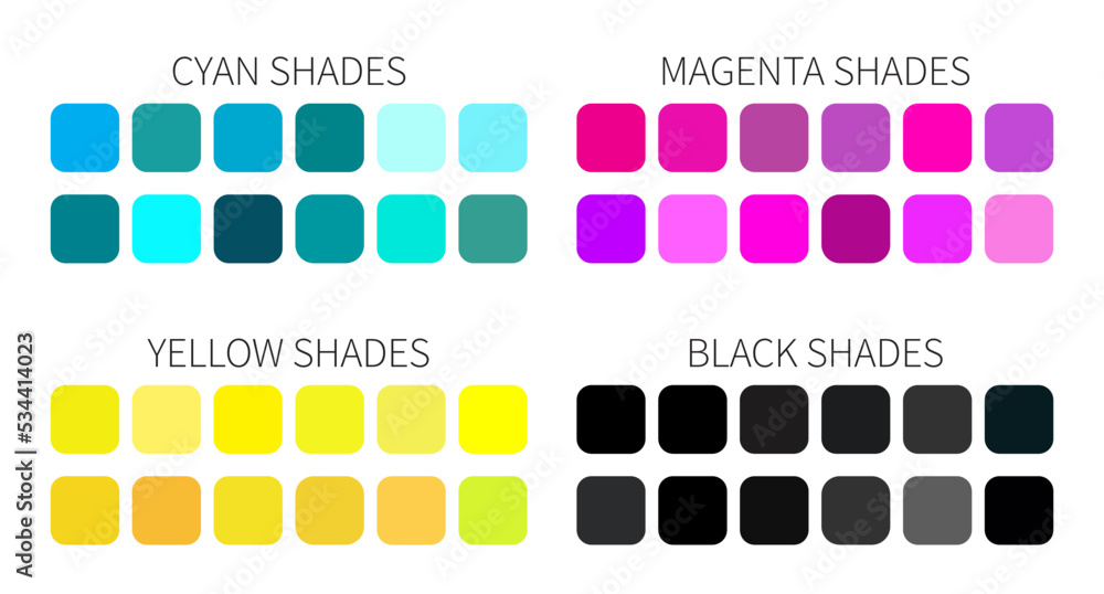 Cyan, Magenta, Yellow and Black CMYK Color Shades Isolated Vector