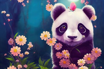 Poster - A fantasy panda with flowers and a beautiful magical fairy tale enchanted forest. Artistic abstract beautiful nature. Perfect for phone wallpaper or for posters.