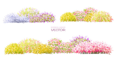 Vector watercolor blooming flower tree side view isolated on white background for landscape and architecture drawing, elements for environment or and garden,botanical elements for section in spring 