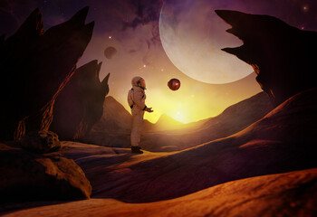 Wall Mural - astronaut talking to drone on alien planet