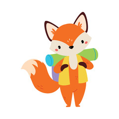 Sticker - Cute Red Fox Traveler with Backpack Having Journey on Vacation Vector Illustration