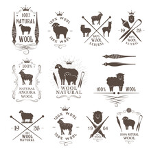 Wool Labels And Emblems Collection. Sheep, Alpaca, Rabbit And Goat Wool Signs For 100% Natural Wool Products.